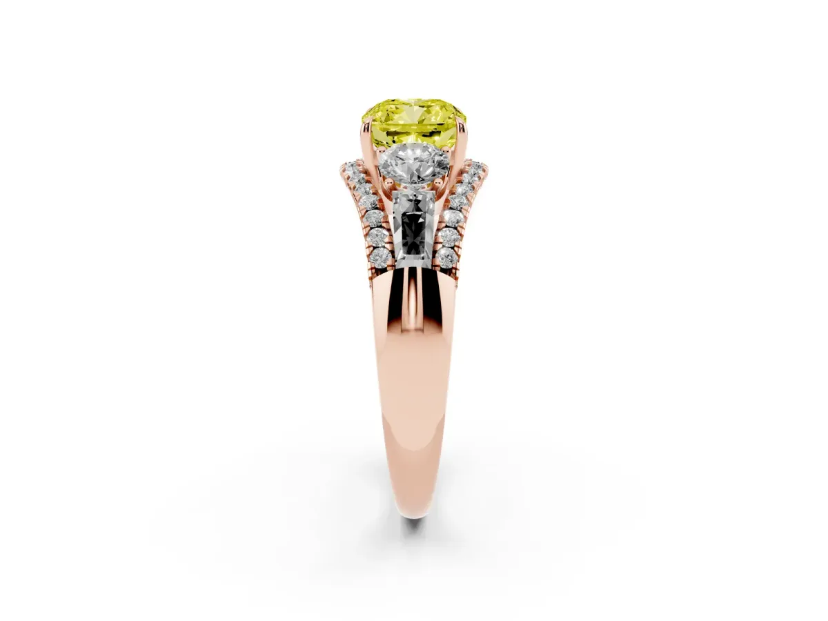 Fancy Yellow Three-Stone Cushion Cut Diamond Engagement Ring with Pave Band and Prong Setting Rose gold