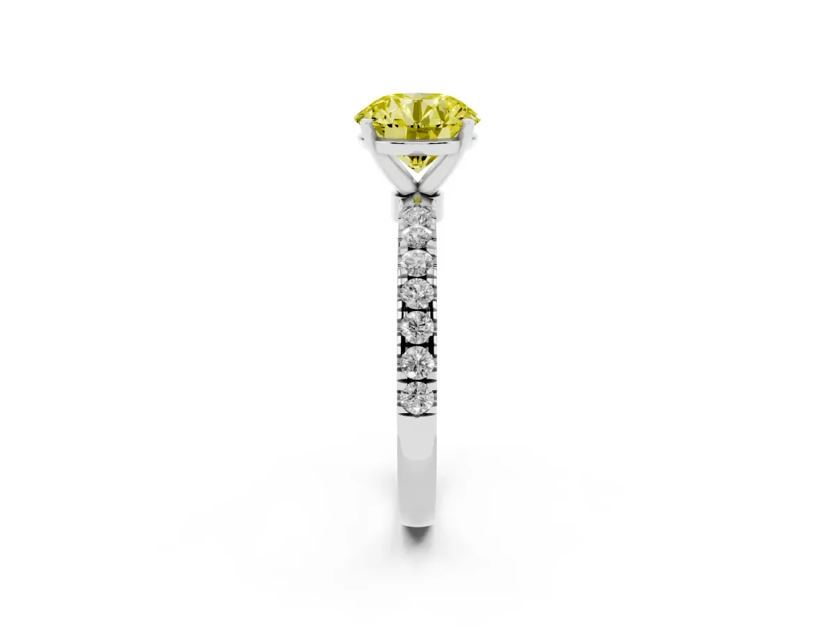 Fancy Yellow Round Cut Diamond Solitaire Ring with Pavé Accents and Four-Prong Setting Silver
