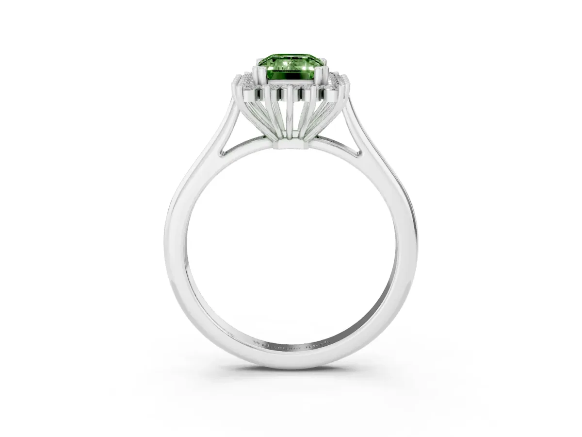 Fancy Green Emerald Cut Cut Diamond Halo Ring with Solitaire Band and Prong Setting Silver