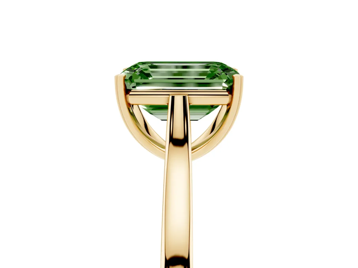 Fancy Green Emerald Cut Solitaire Heart Prong Engagement Ring with Tapered Band Yellow gold
