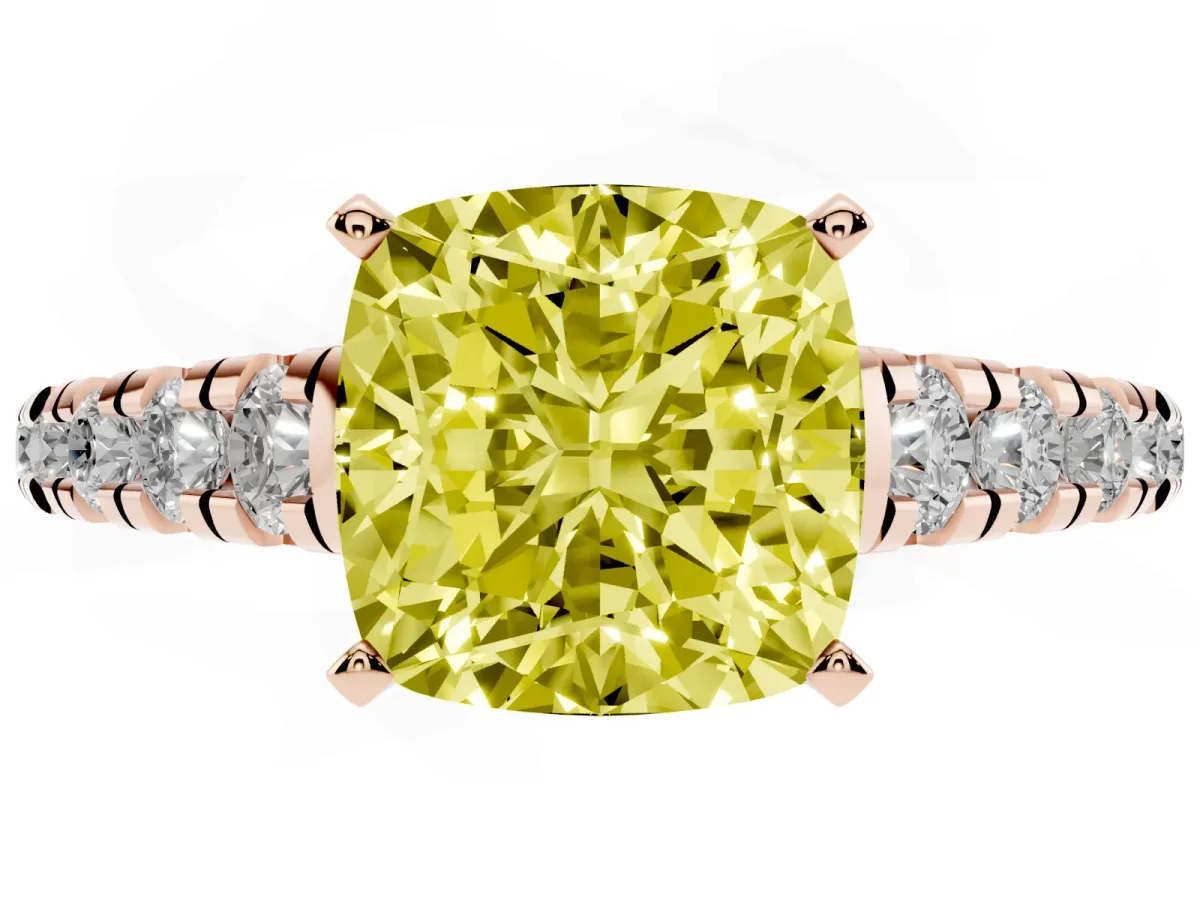 Fancy Yellow Cushion Cut Diamond Cathedral Solitaire Ring with Round Pavé Band Rose gold