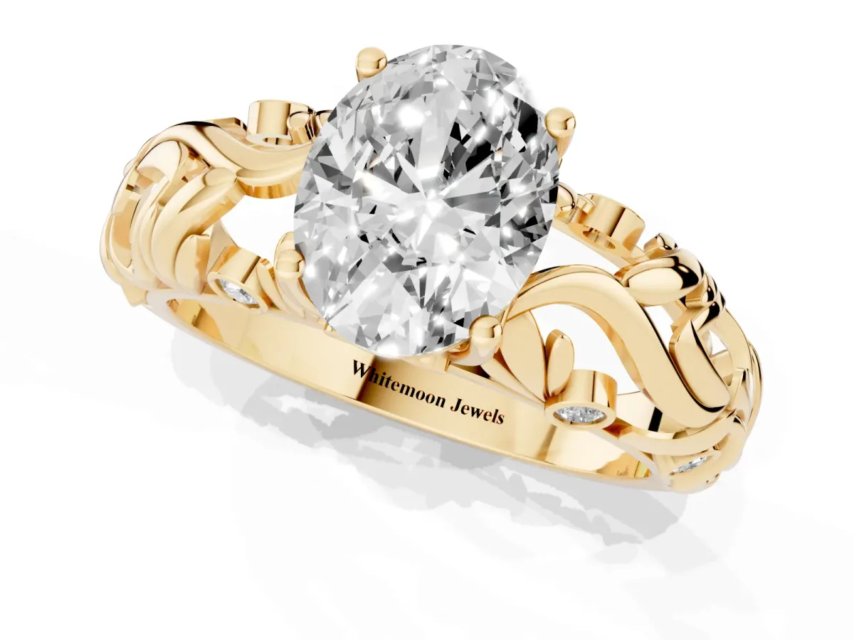 Oval Cut Solitaire Diamond Leaf-Inspired Vine Band Ring with Prong Setting Yellow gold