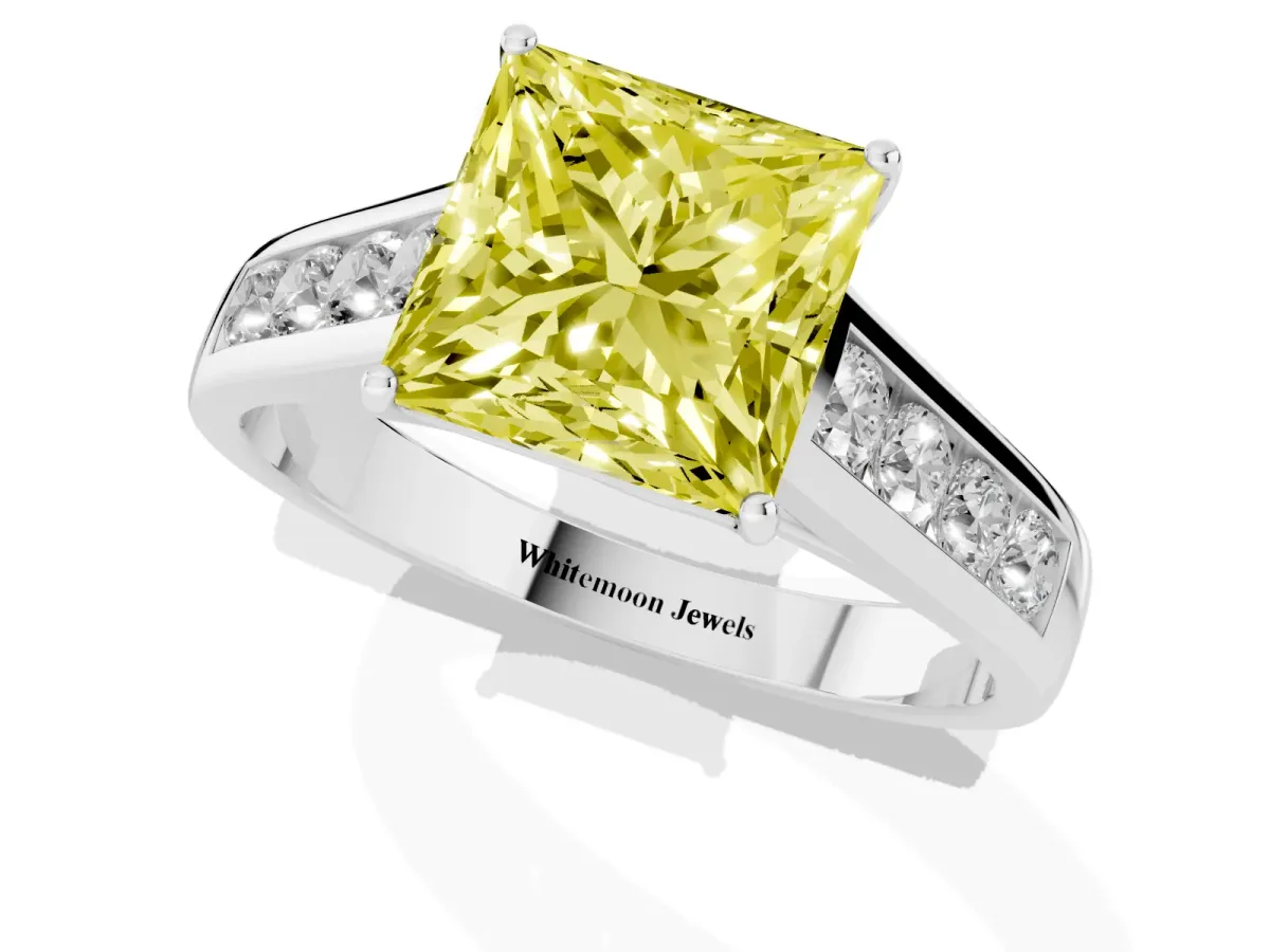 Fancy Yellow Princess Cut Brilliant Channel-Set Solitaire Ring with Four-Prong Setting Platinum