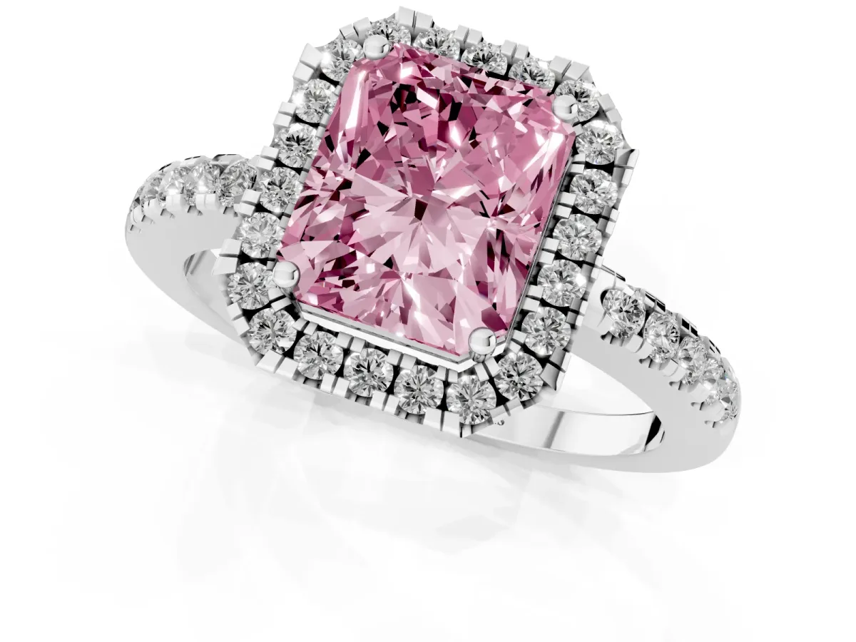 Fancy Pink Radiant Cut Halo Diamond Engagement Ring with Pavé Band and Four-Prong Setting Platinum