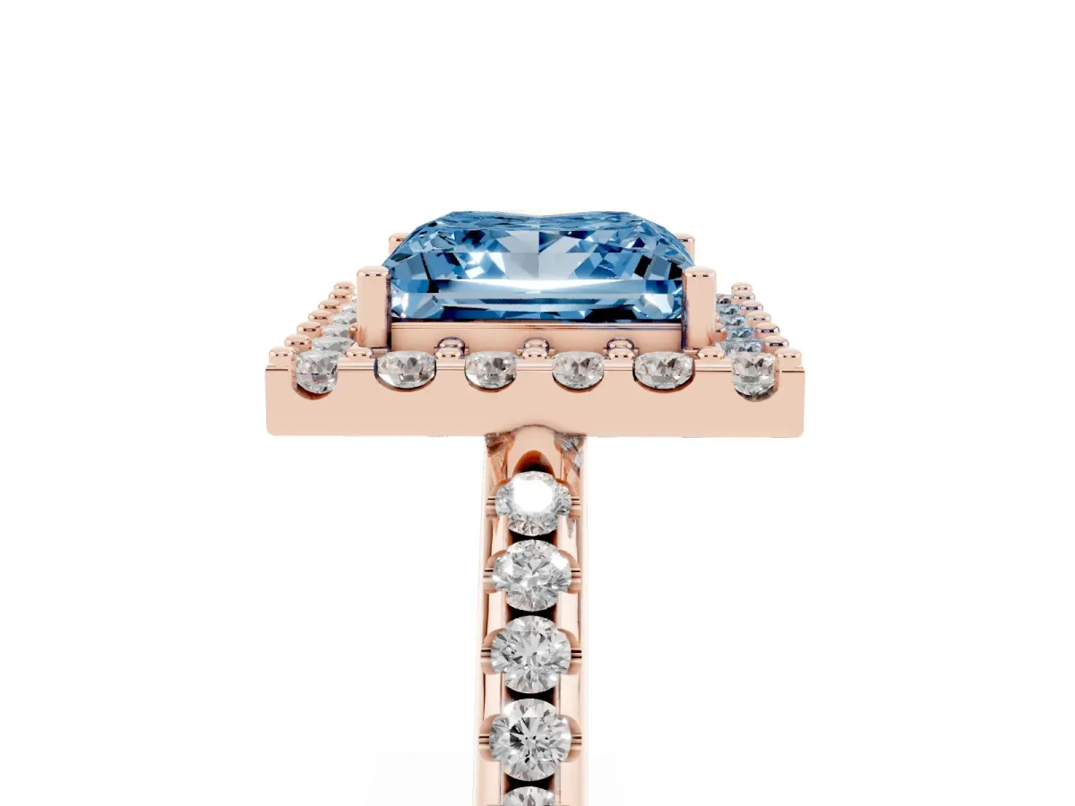 Fancy Blue Princess Cut Diamond Pavé Halo Ring with Four-Prong Setting Rose gold