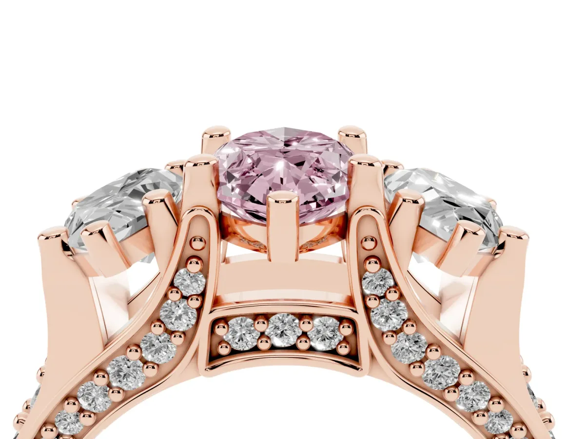 Fancy Pink Marquise Cut Diamond Three-Stone Ring with Channel Set Band and Four-Prong Setting Rose gold