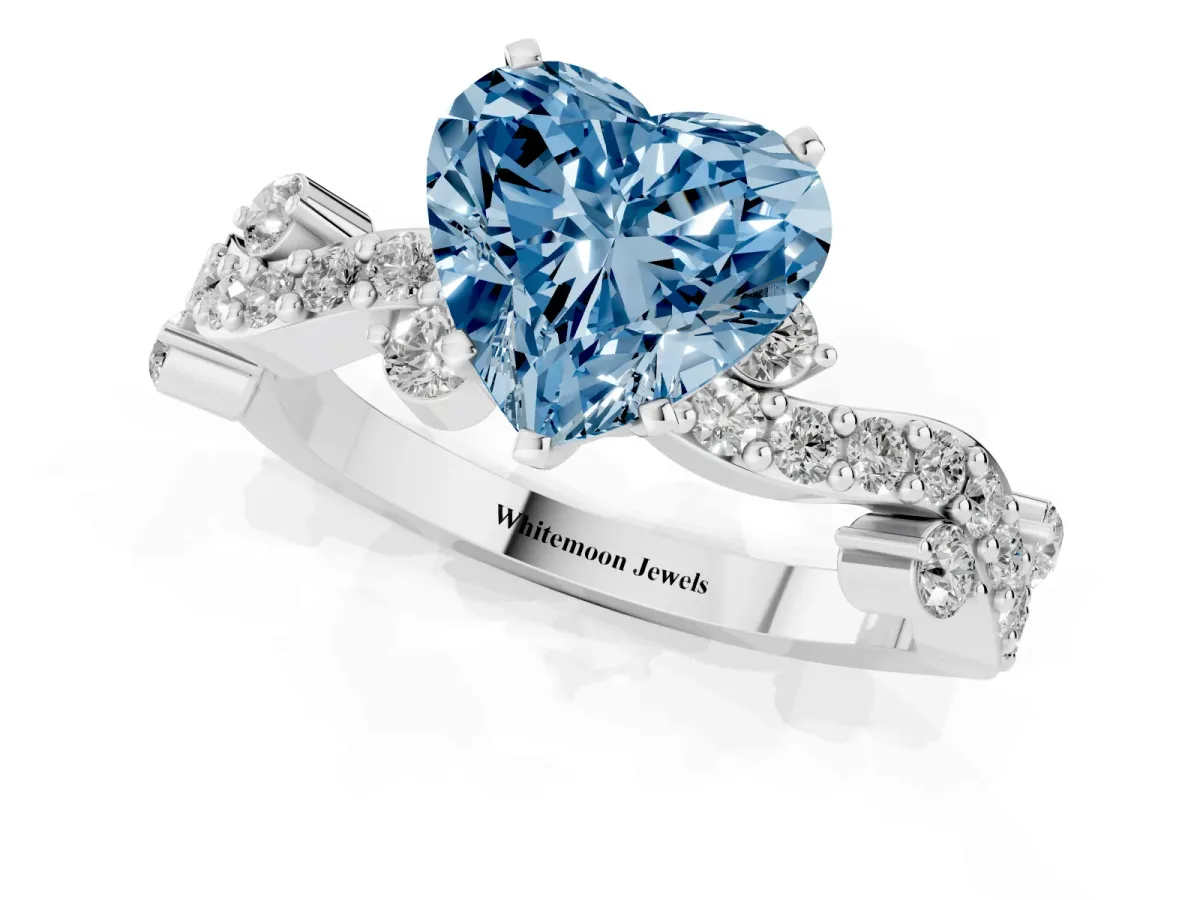 Fancy Blue Heart Cut Cut Solitaire Diamond Twisted Band with Pave Setting Platinum