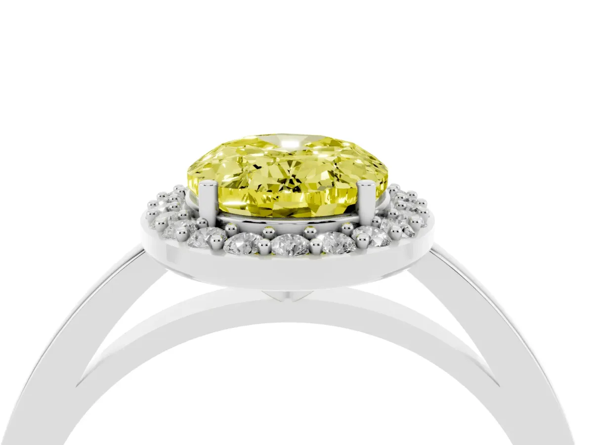 Fancy Yellow Oval Cut Halo Diamond Ring with Solitaire Band and Prong Setting Silver