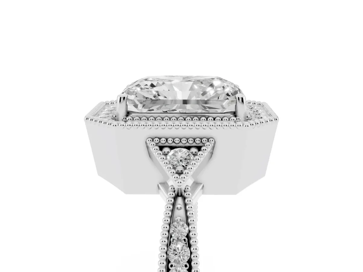 Radiant Cut Halo Round Diamond Milgrain Pave Engagement Ring Silver