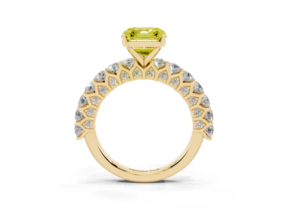 Fancy Yellow Asscher Cut Diamond Solitaire Ring with Shared Prong Pavé Band and Four-Prong Setting Yellow gold