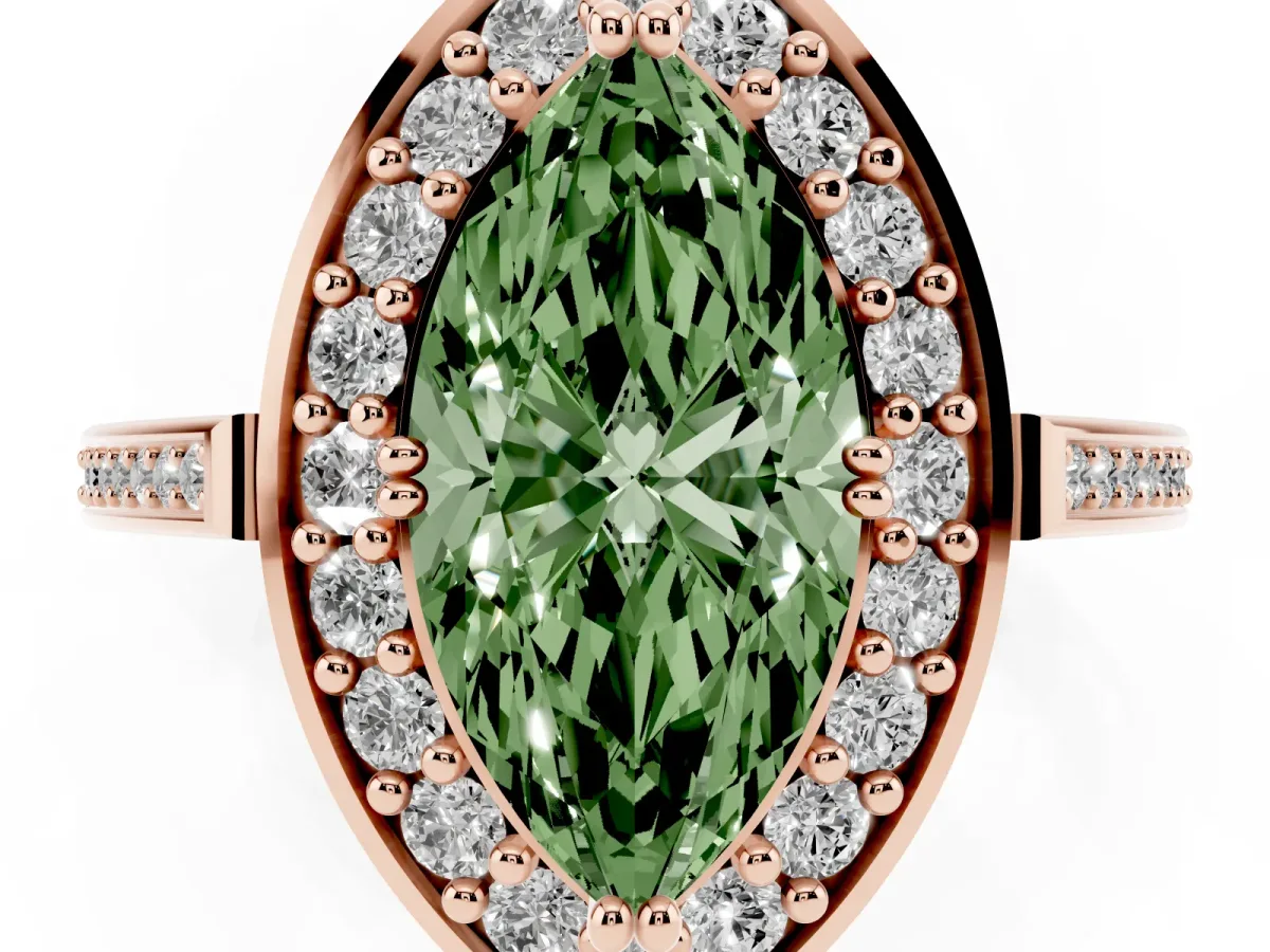 Fancy Green Marquise Cut Diamond Halo Ring with Split Shank and Four-Prong Setting Rose gold
