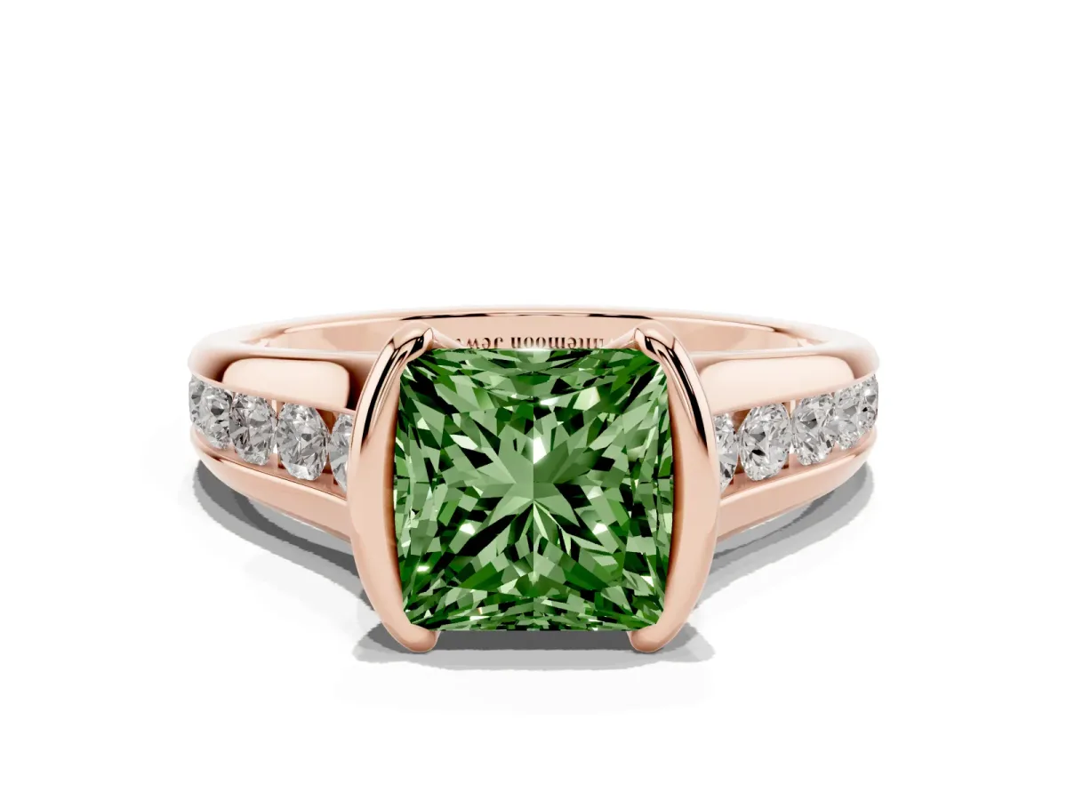 Fancy Green Princess Cut Solitaire Bezel-Set Diamond Ring with Channel-Set Band Rose gold
