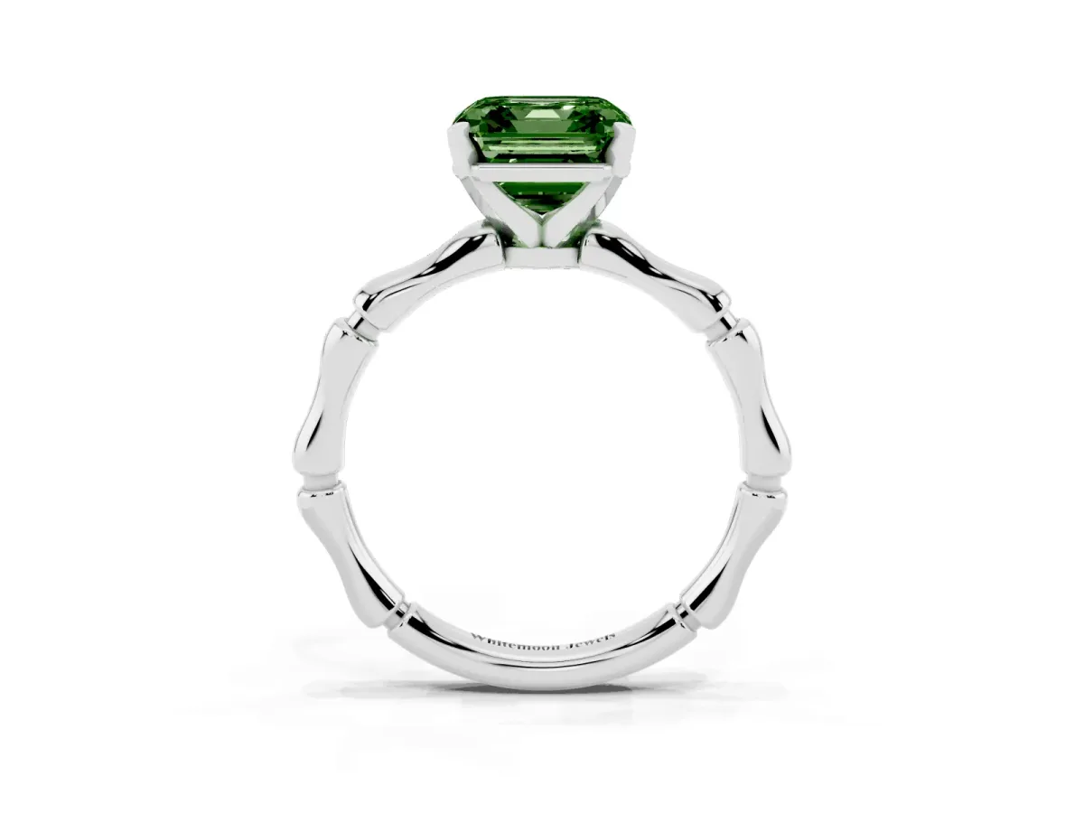 Fancy Green Asscher Cut Solitaire Diamond Ring with Bamboo Band and Four-Prong Setting Silver