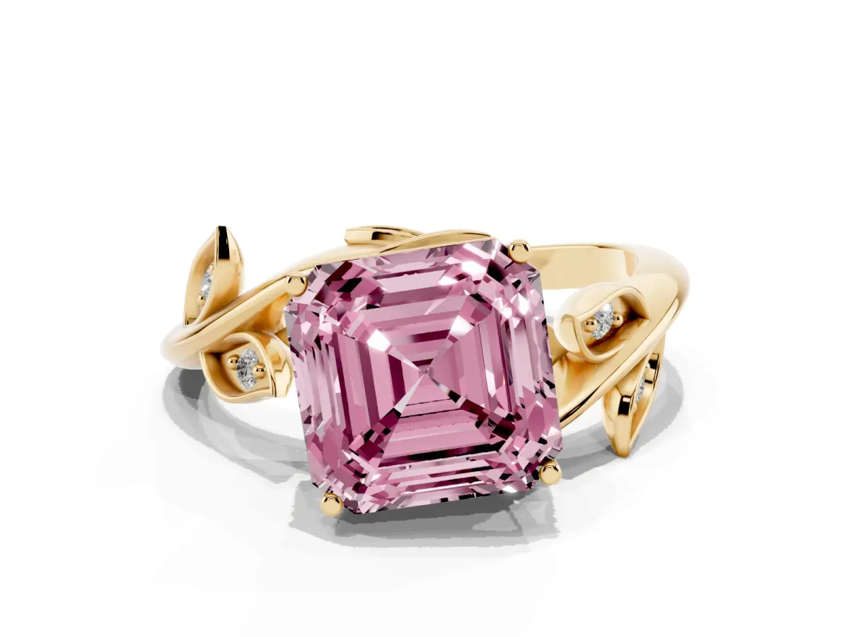 Fancy Pink Asscher Cut Solitaire Twist Engagement Ring with Leaf Accents and Prong Setting Yellow gold