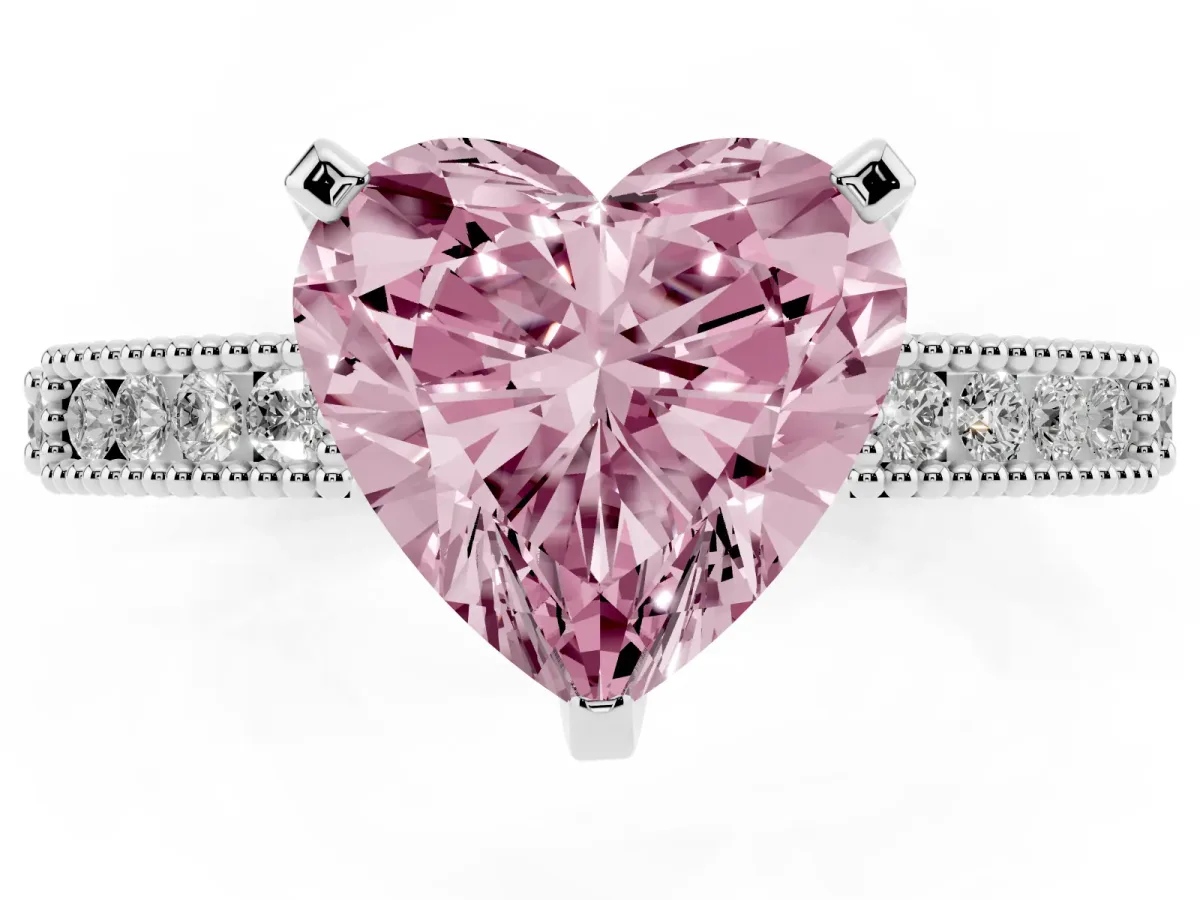 Fancy Pink Heart Cut Solitaire with Pavé Band and Four-Prong Setting Silver
