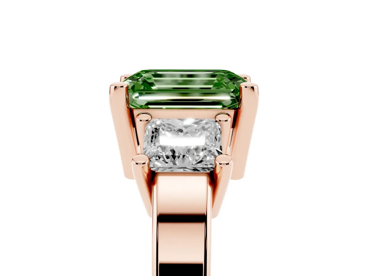 Fancy Green Three-Stone Emerald Cut Cut Solitaire Ring with Prong Setting Rose gold