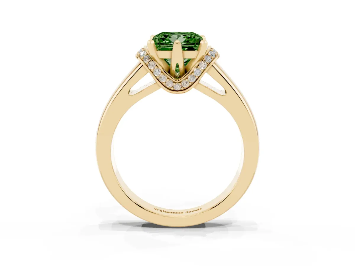 Fancy Green Princess Cut Solitaire Diamond Ring with Pave Band and Six-Prong Setting Yellow gold