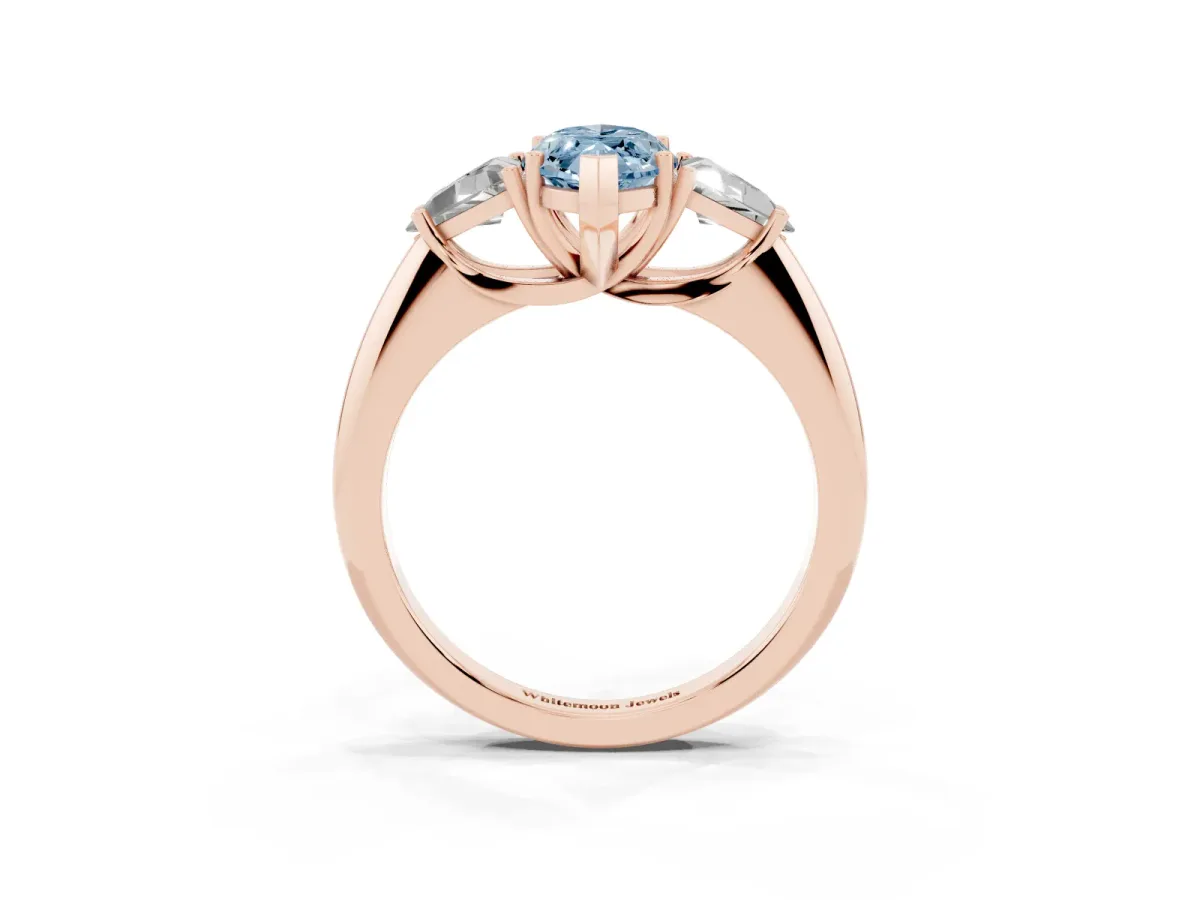 Fancy Blue Three-Stone Marquise Cut Diamond Engagement Ring with Trillion Side Stones and Prong Setting Rose gold