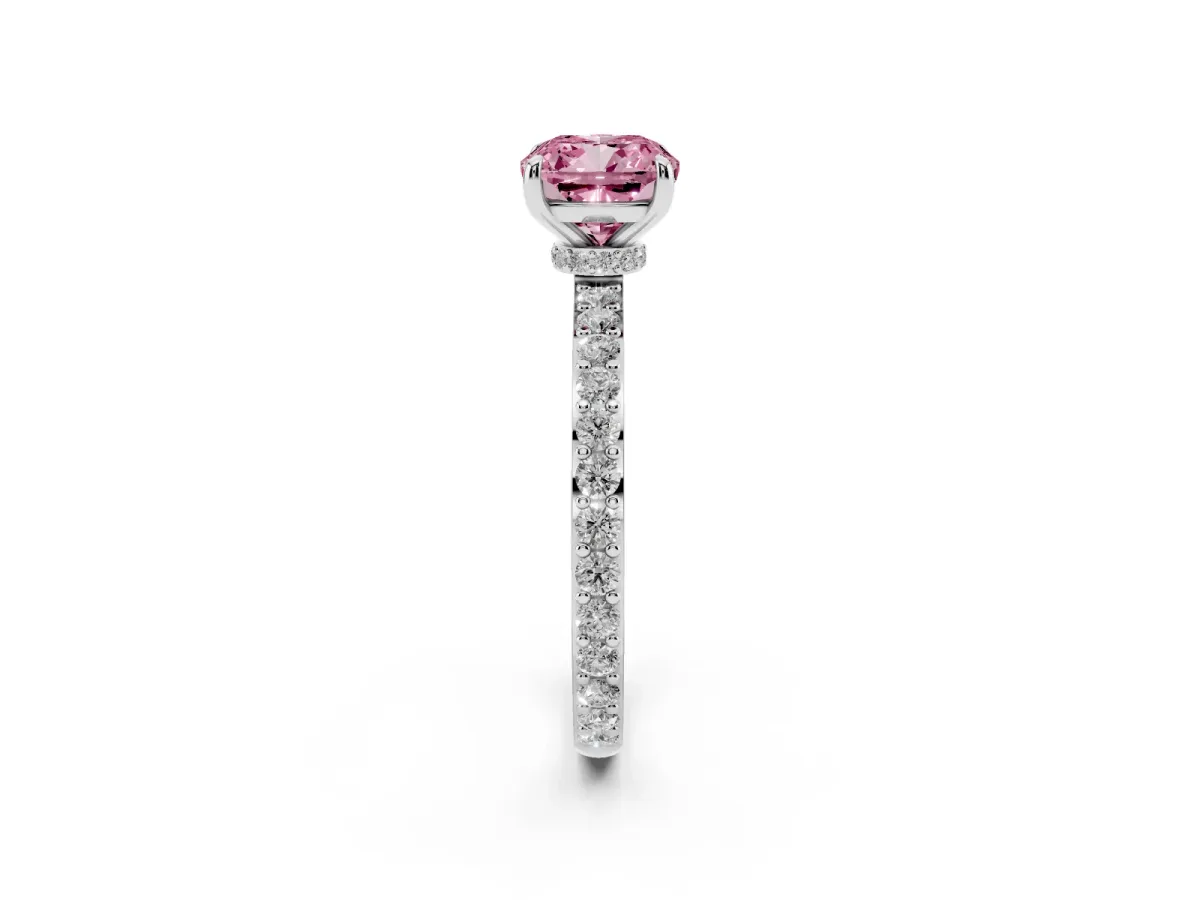 Fancy Pink Cushion Cut Diamond Solitaire Engagement Ring with Pavé Band and Four-Prong Setting White gold