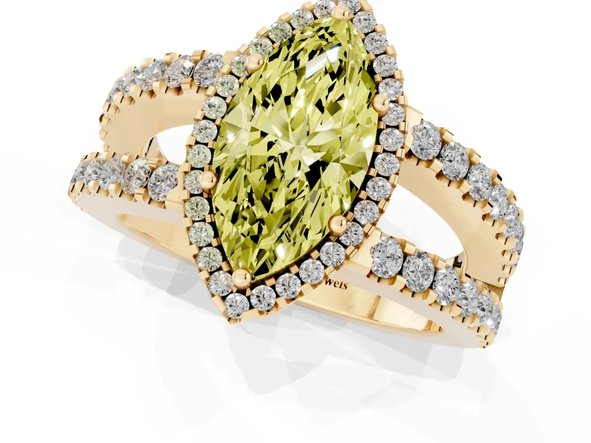 Fancy Yellow Marquise Cut Cut Halo Split Shank Diamond Ring with Four-Prong Setting Yellow gold