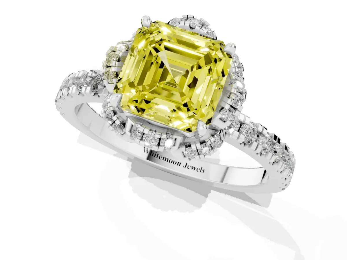 Fancy Yellow Asscher Cut Halo Diamond Pave Band Ring with Four-Prong Setting Silver