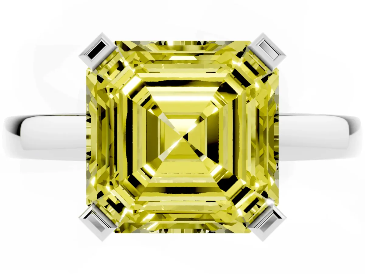 Fancy Yellow Asscher Cut Cut Solitaire Ring with Four-Prong Setting and Classic Band Silver