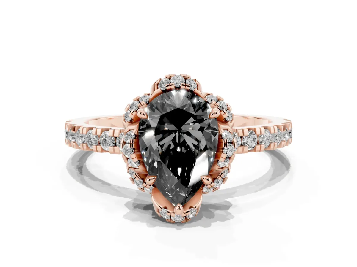 Fancy Black Pear Cut Diamond Halo Pave Band with Four-Prong Setting Rose gold