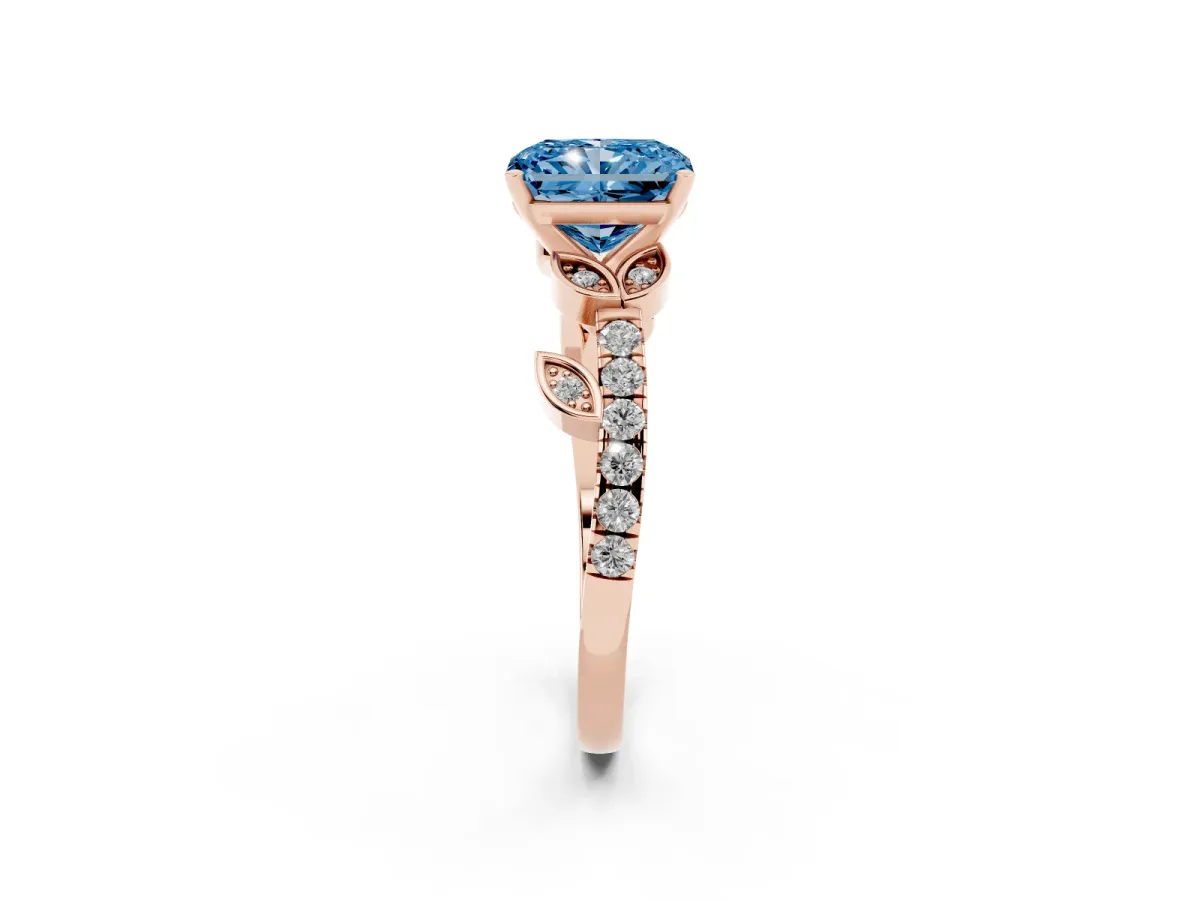 Fancy Blue Radiant Cut Solitaire Leaf-Inspired Diamond Ring with Pavé Band and Four-Prong Setting Rose gold