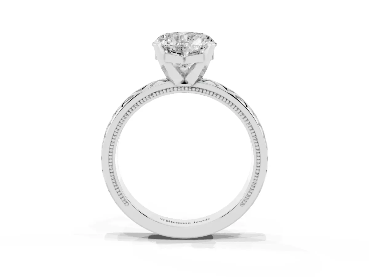 Heart Cut Solitaire Diamond Ring with Milgrain and Black Enamel X Pattern Band Silver