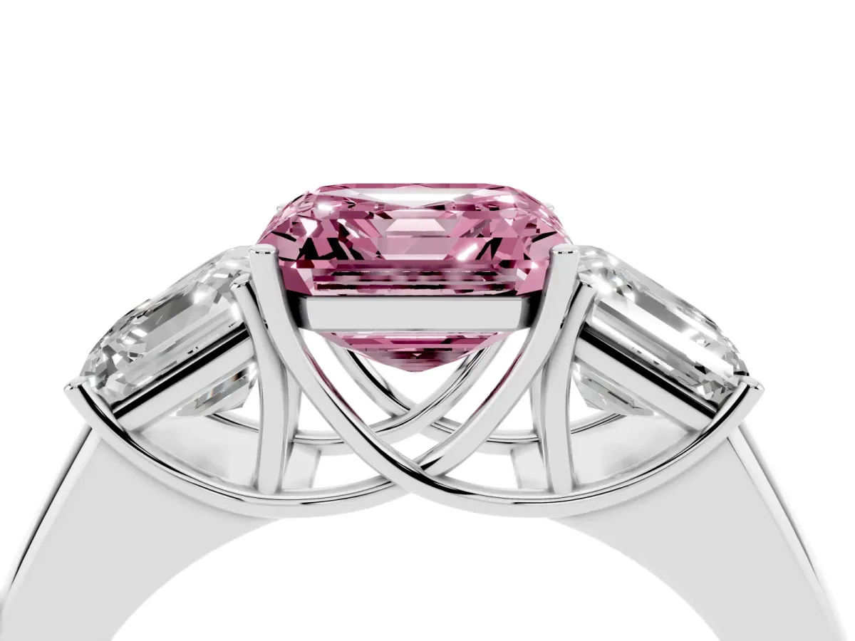 Fancy Pink Three-Stone Asscher Cut Cut Diamond Ring with Prong Setting and Classic Band Silver