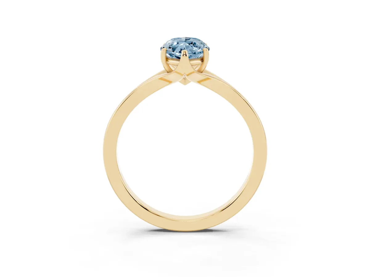 Fancy Blue Marquise Cut Solitaire Diamond Ring with Six-Prong Setting and Tapered Band Yellow gold