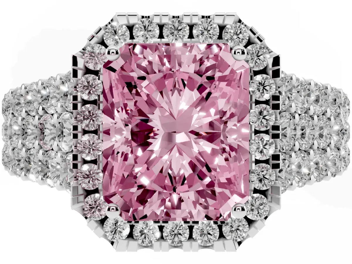 Fancy Pink Radiant Cut Diamond Halo Engagement Ring with Triple Row Round Pavé Band and Prong Setting Silver