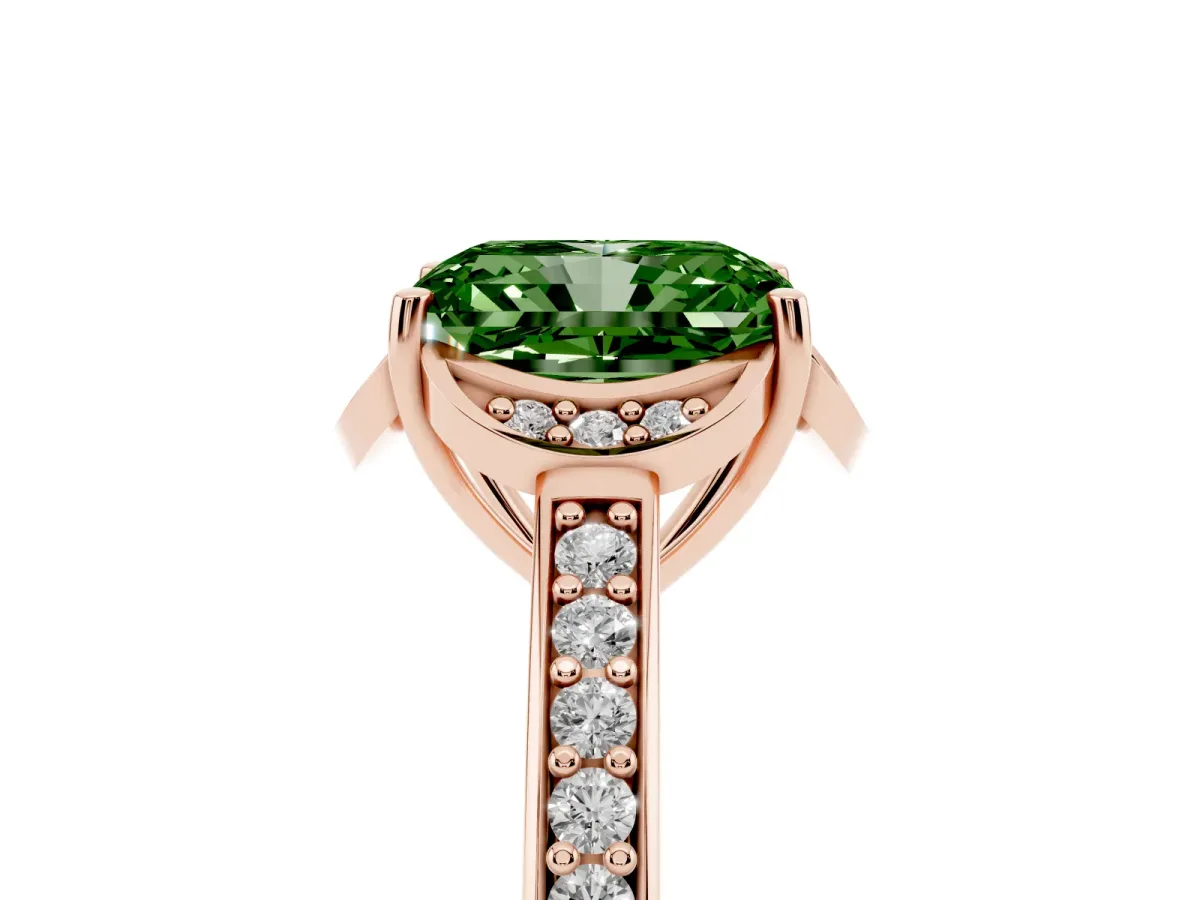 Fancy Green Radiant Cut Cut Halo Diamond Ring with Channel Set Band and Four-Prong Setting Rose gold