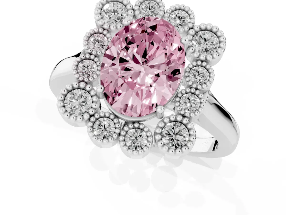 Fancy Pink Oval Cut Halo Diamond Cluster Engagement Ring with Milgrain Bezel Setting and Solitaire Band White gold