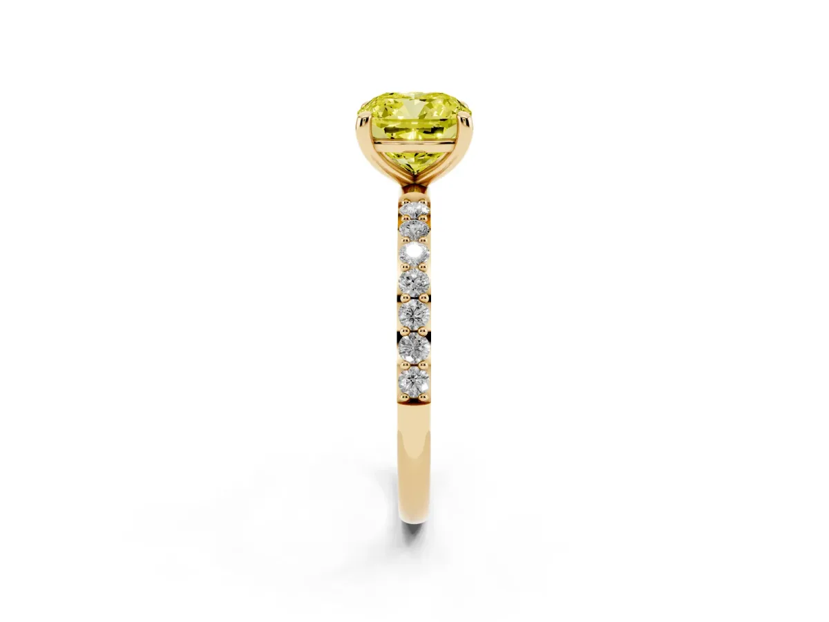 Fancy Yellow Cushion Cut Diamond Solitaire Ring with Round Pavé Band and Prong Setting Yellow gold