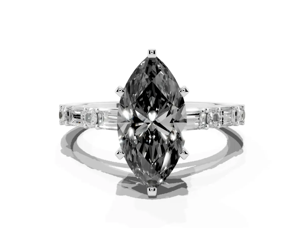Fancy Black Marquise Cut Diamond Solitaire with Side Baguettes and Channel Set Band Silver