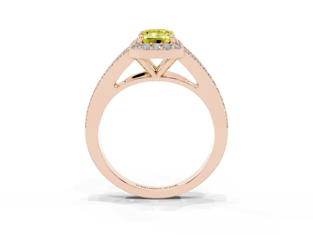 Fancy Yellow Emerald Cut Halo Split Shank Diamond Ring with Prong Setting Rose gold