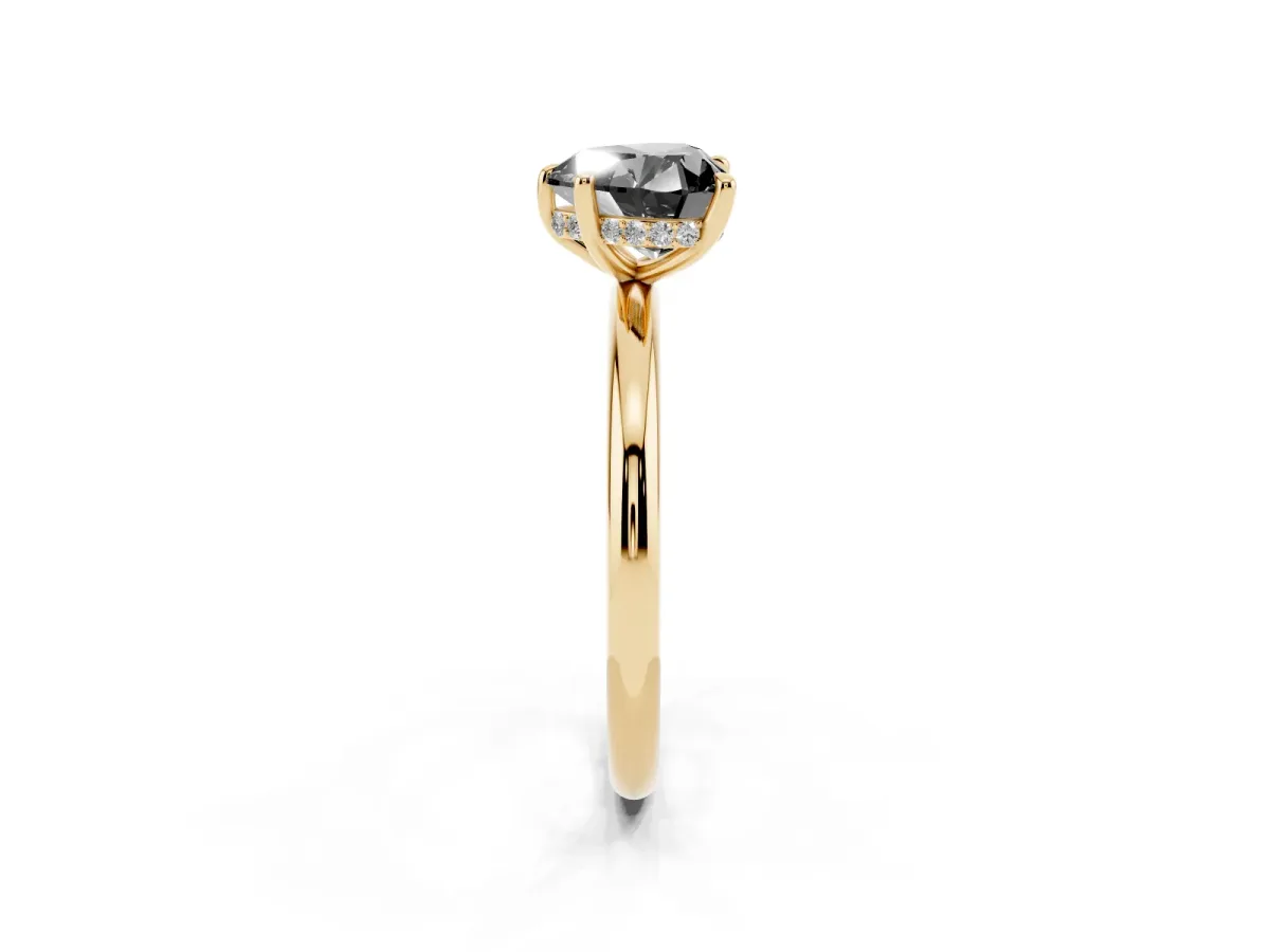 Fancy Black Heart Cut Diamond Solitaire Ring with Thin Band and Four-Prong Setting Yellow gold