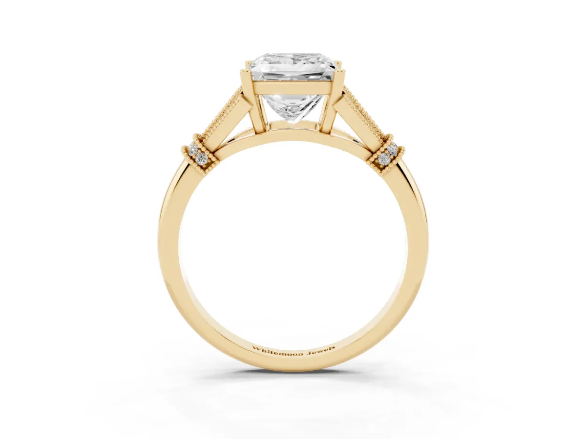 Princess Cut Diamond Solitaire Ring with Floral Filigree and Pave Accents Yellow gold