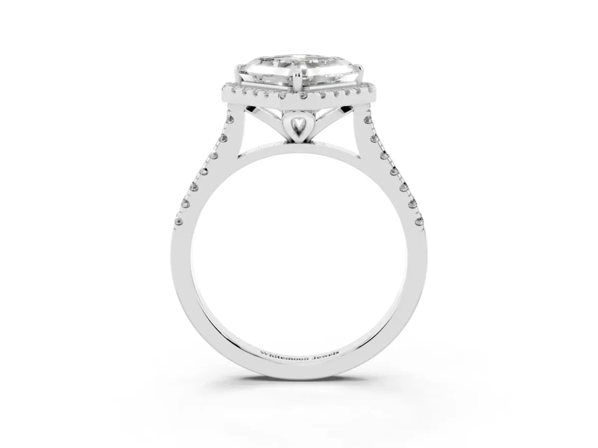 Asscher Cut Diamond Cushion Halo Ring with Pavé Band Silver