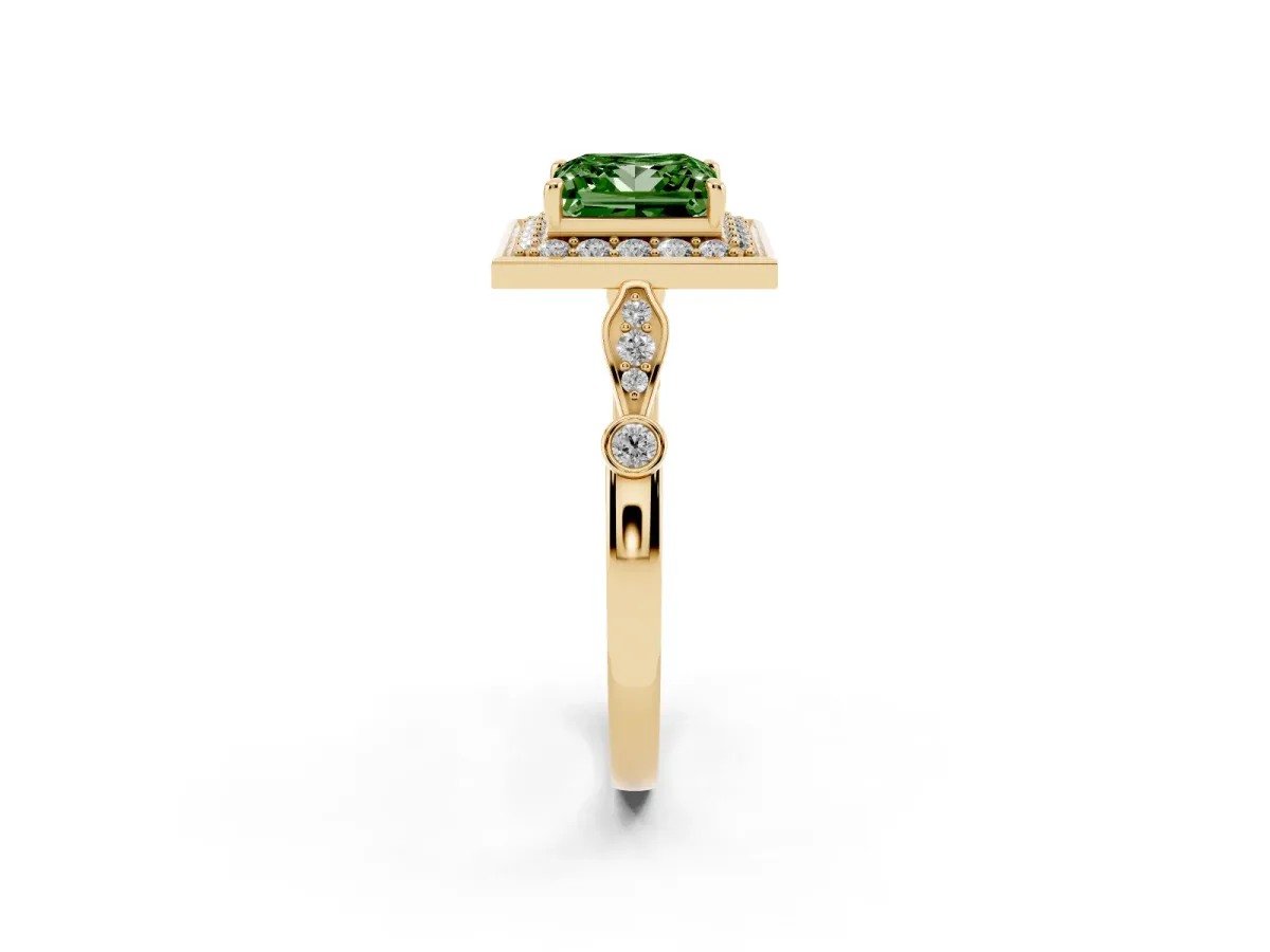 Fancy Green Princess Cut Halo Diamond Engagement Ring with Twisted Band and Four-Prong Setting Yellow gold
