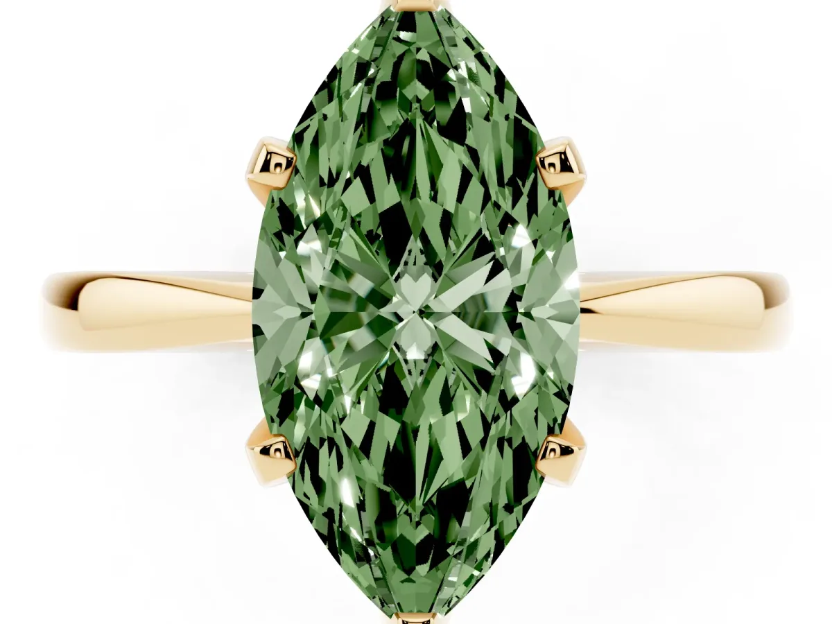 Fancy Green Marquise Cut Solitaire Engagement Ring with Six-Prong Setting and Tapered Band Yellow gold