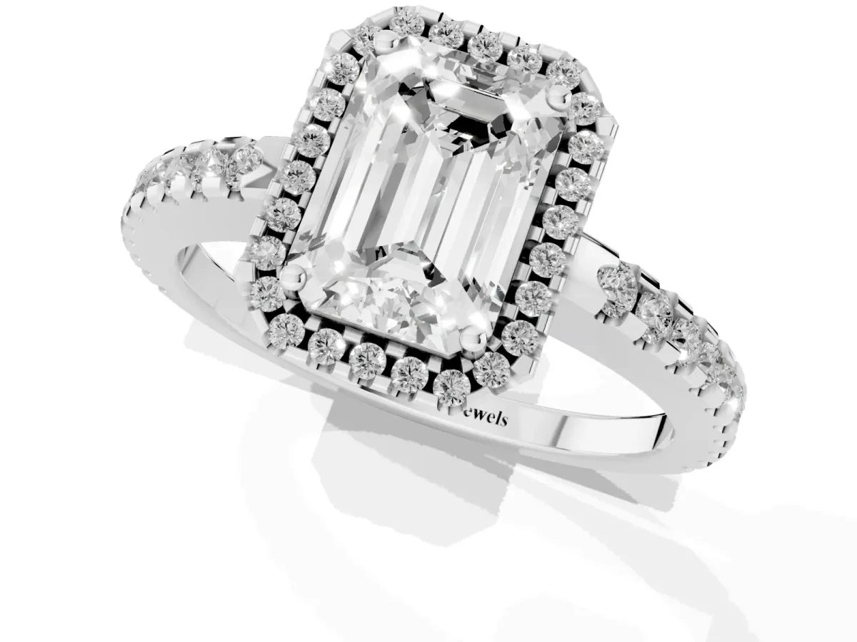 Emerald Cut Diamond Halo Engagement Ring with Pavé Band and Prong Setting Silver