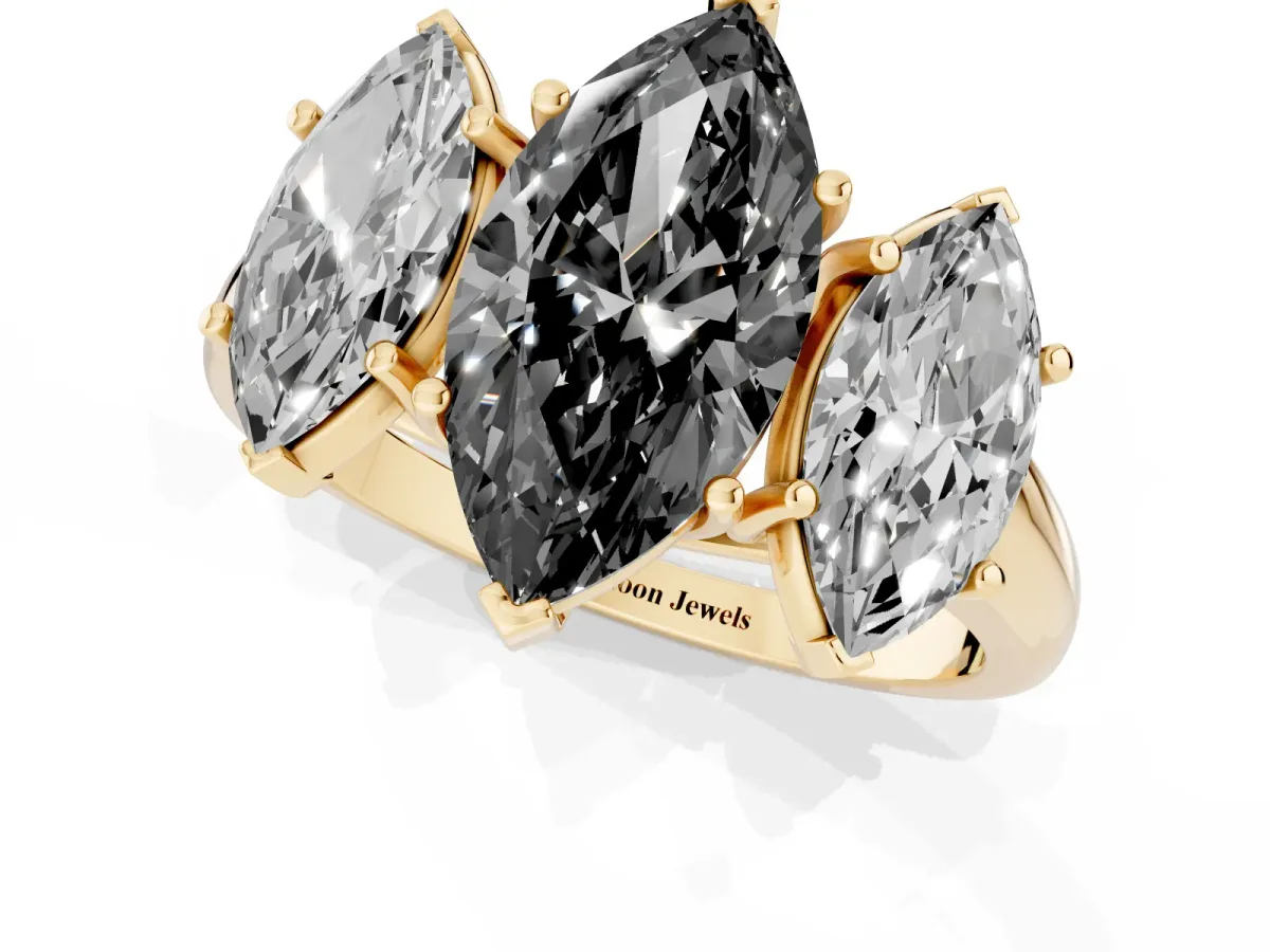 Fancy Black Three-Stone Marquise Cut Diamond Engagement Ring with Prong Setting Yellow gold