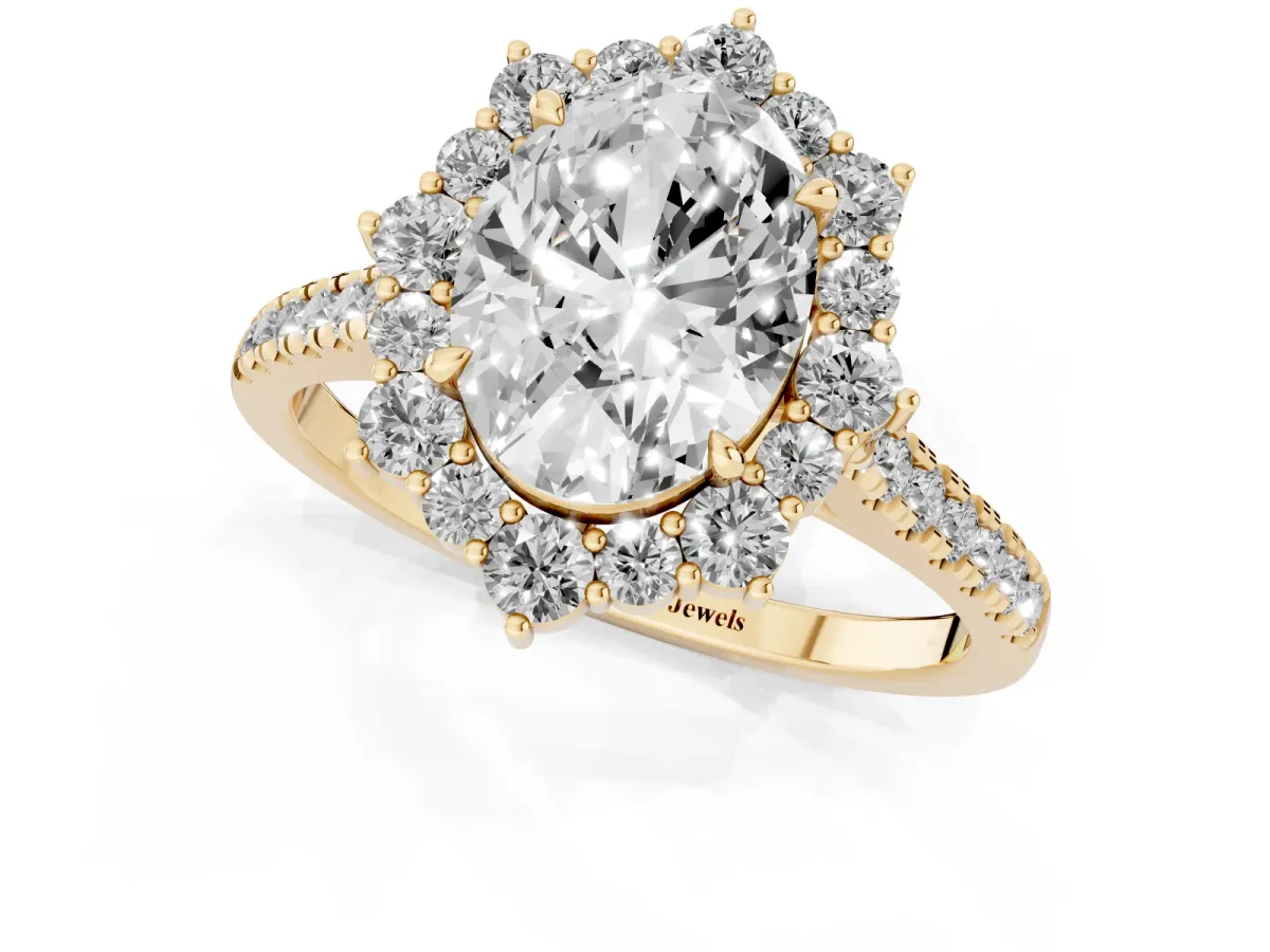 Oval Cut Halo Diamond Ring with Pavé Band and Prong Setting Yellow gold