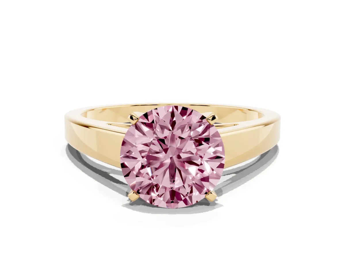 Fancy Pink Round Cut Solitaire Engagement Ring with Four-Prong Setting and Tapered Band Yellow gold