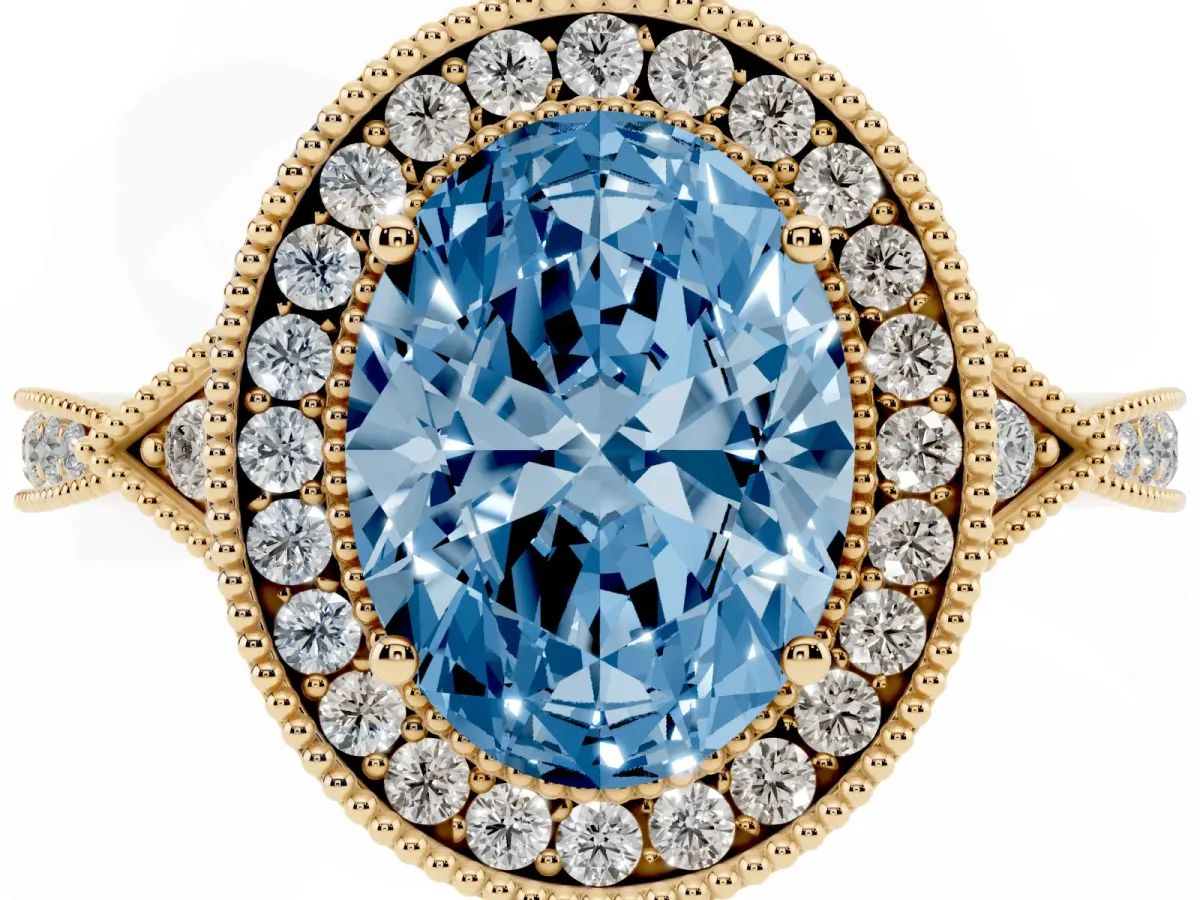 Fancy Blue Oval Cut Halo Round Diamond Milgrain Pave Engagement Ring Yellow gold