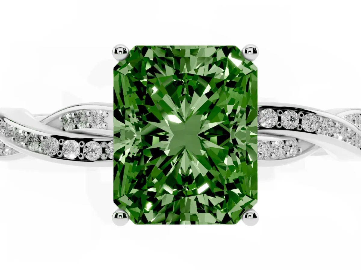 Fancy Green Radiant Cut Solitaire Twisted Pave Diamond Ring with Four-Prong Setting White gold