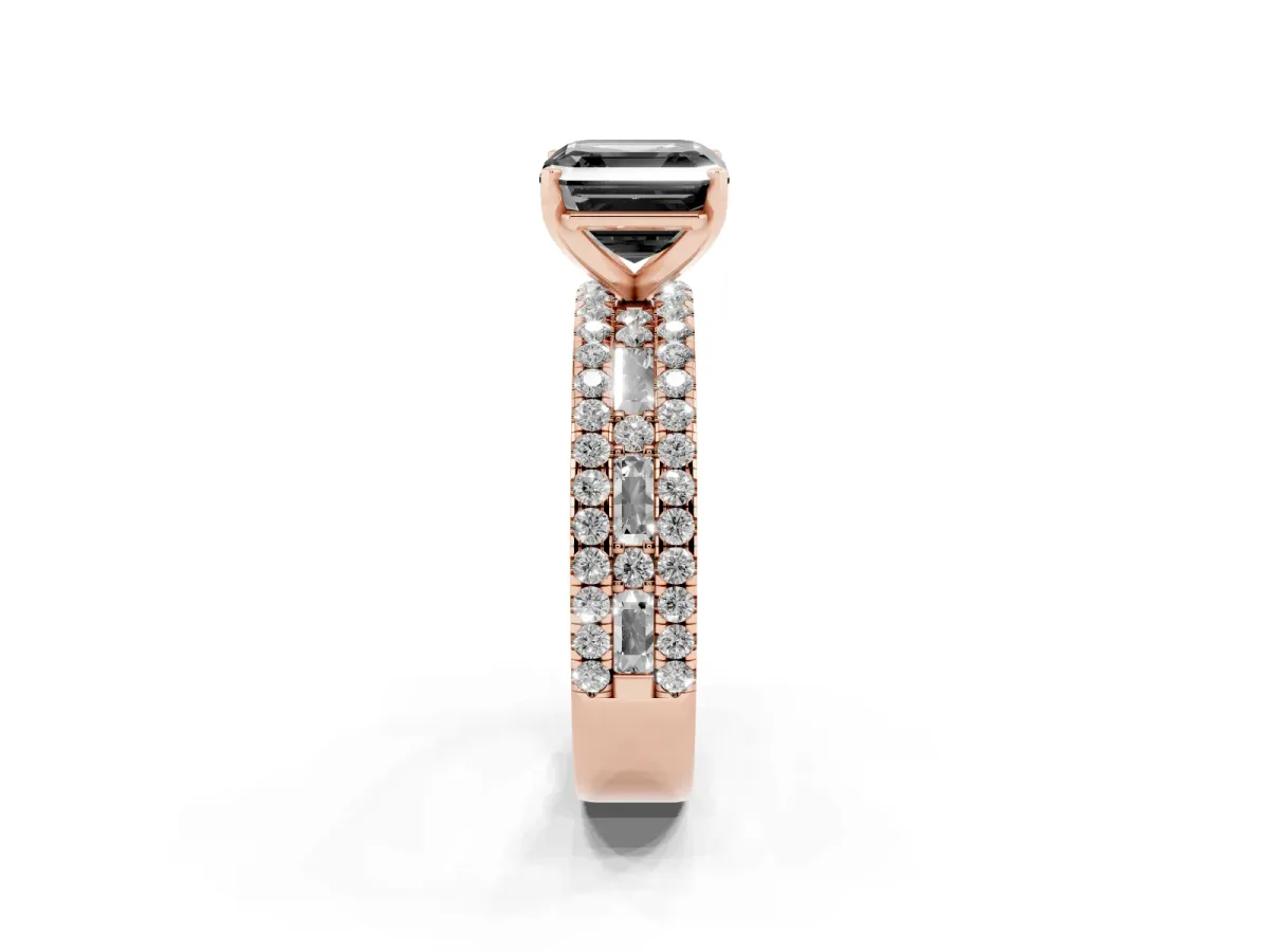 Fancy Black Asscher Cut Diamond Solitaire Ring with Pavé and Channel Set Band Rose gold