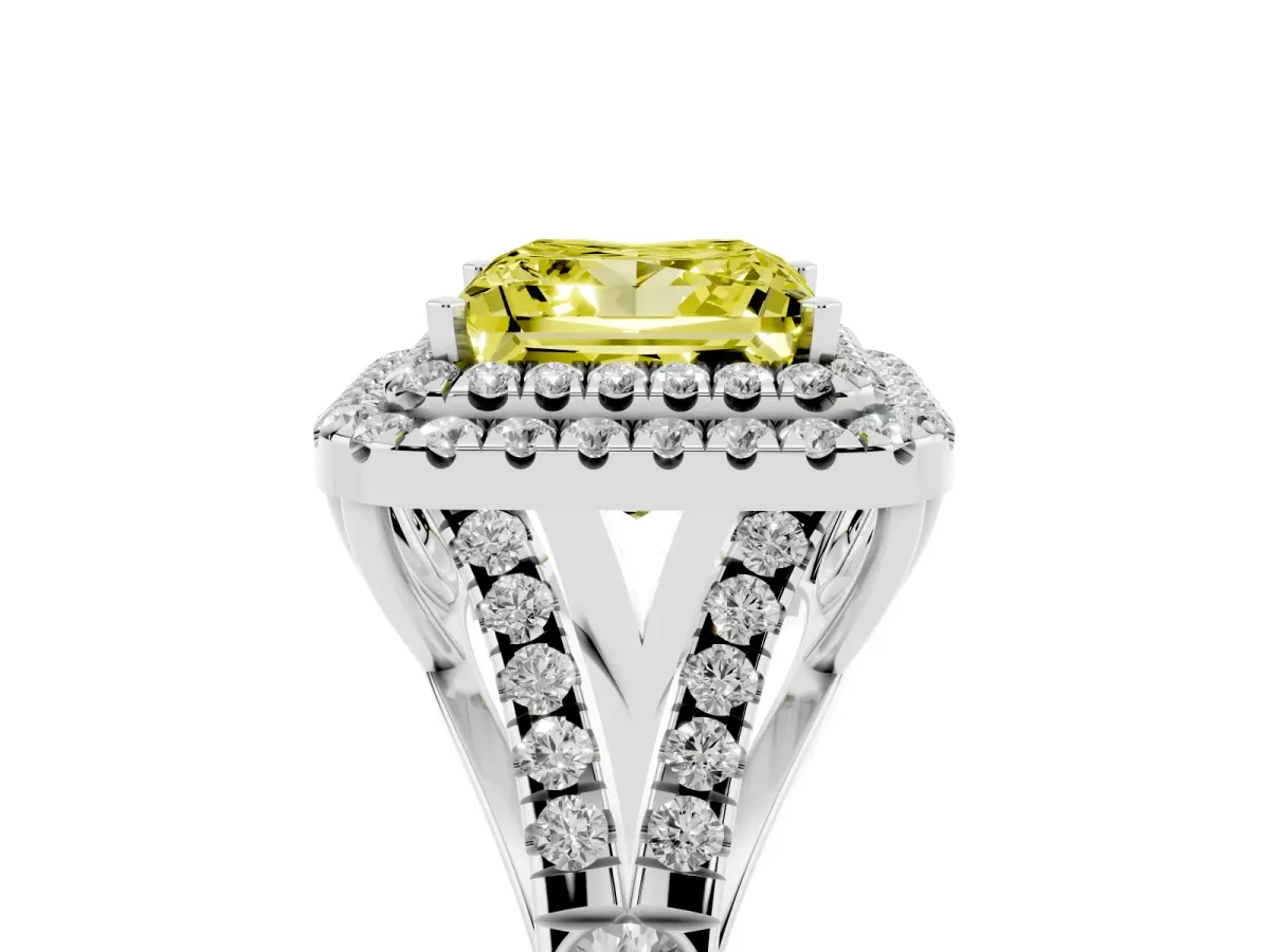 Fancy Yellow Double Halo Princess Cut Diamond Split Shank Engagement Ring with Four-Prong Setting Silver